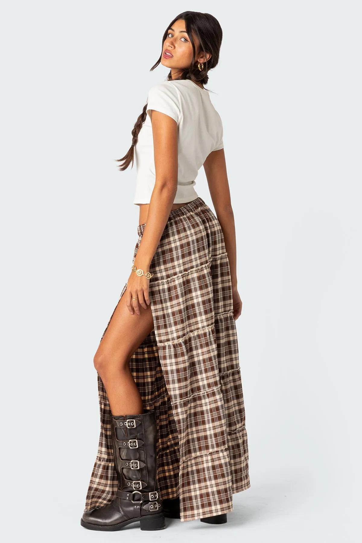 Plaid Side Slit Tiered Maxi Skirt sold by Edikted product image thumbnail 4