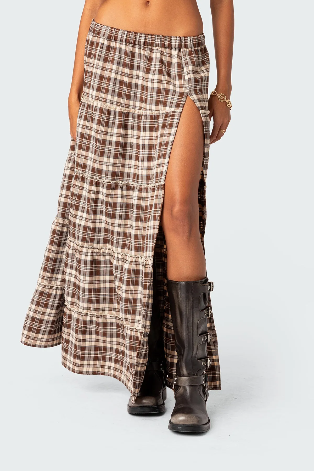 Plaid Side Slit Tiered Maxi Skirt sold by Edikted product image thumbnail 2