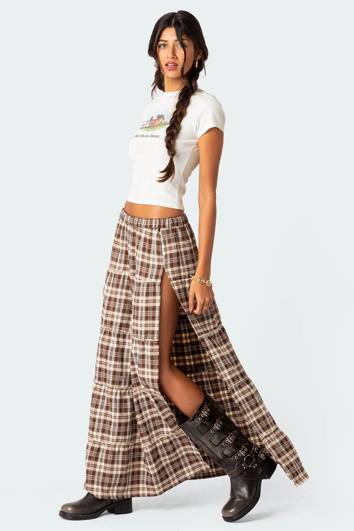 Plaid Side Slit Tiered Maxi Skirt sold by Edikted product image thumbnail 5