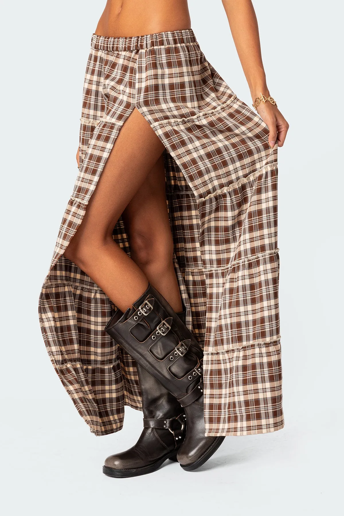 Plaid Side Slit Tiered Maxi Skirt sold by Edikted product image thumbnail 3