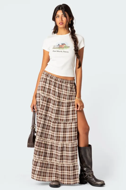 Plaid Side Slit Tiered Maxi Skirt made by Edikted
