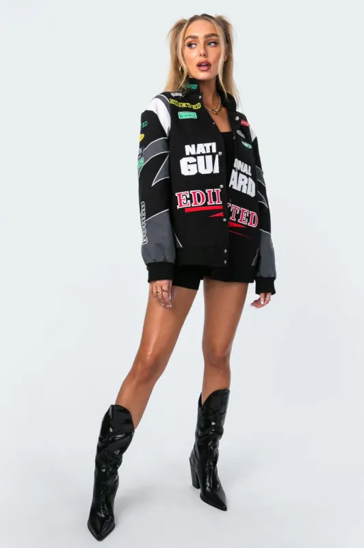 Rally Patch Jacket sold by Edikted