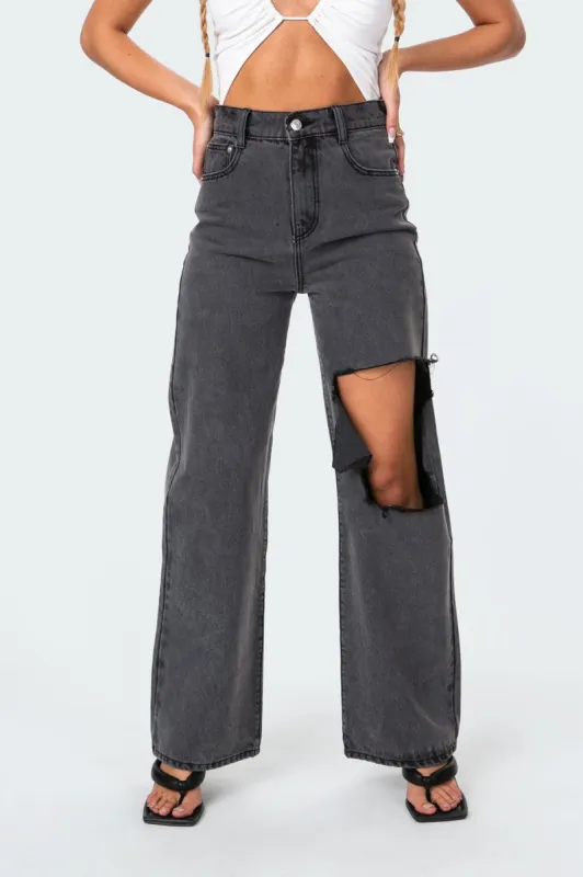 High-Key Ripped Wide Jeans sold by Edikted