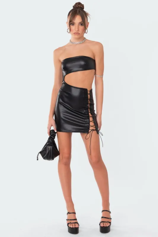 Faux Leather Side Lace-Up Dress sold by Edikted