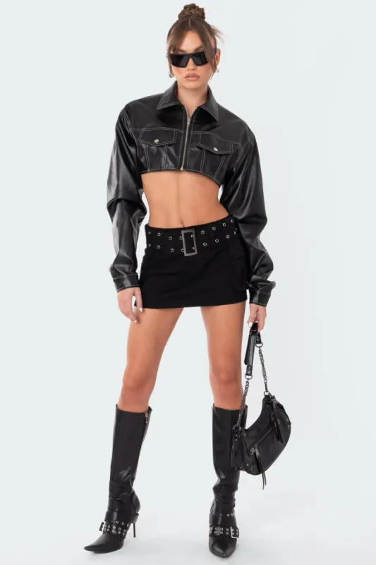 Faye Cropped Faux Leather Jacket made by Edikted
