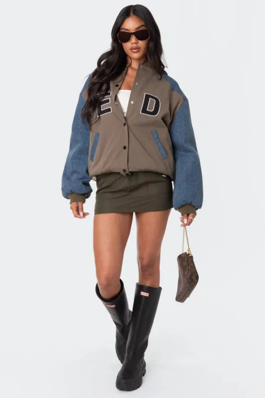 Oversized Denim Sleeves Bomber Jacket sold by Edikted