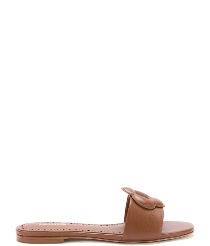 Flora Flat Mule In Caramel Leather made by Larroude