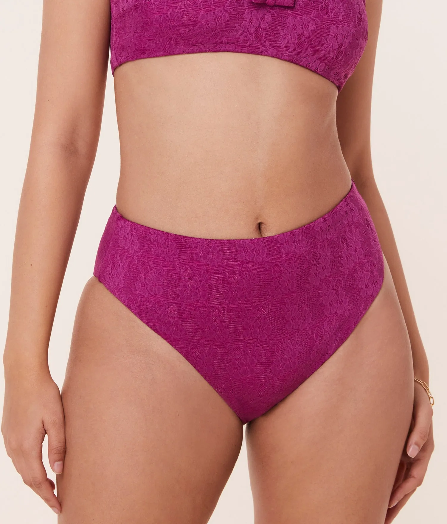The 90s High Waist Bikini Bottom - Floral Lace - Aurora sold by Andie
