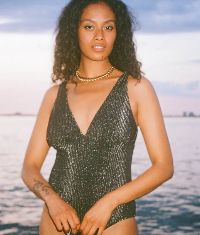 The Augustine One Piece - Ribbed Glitter - Black - Classic sold by Andie