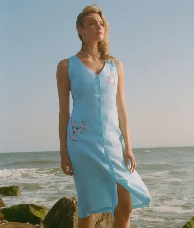 The Anamur Button Up Dress - Linen - Hydrangea sold by Andie