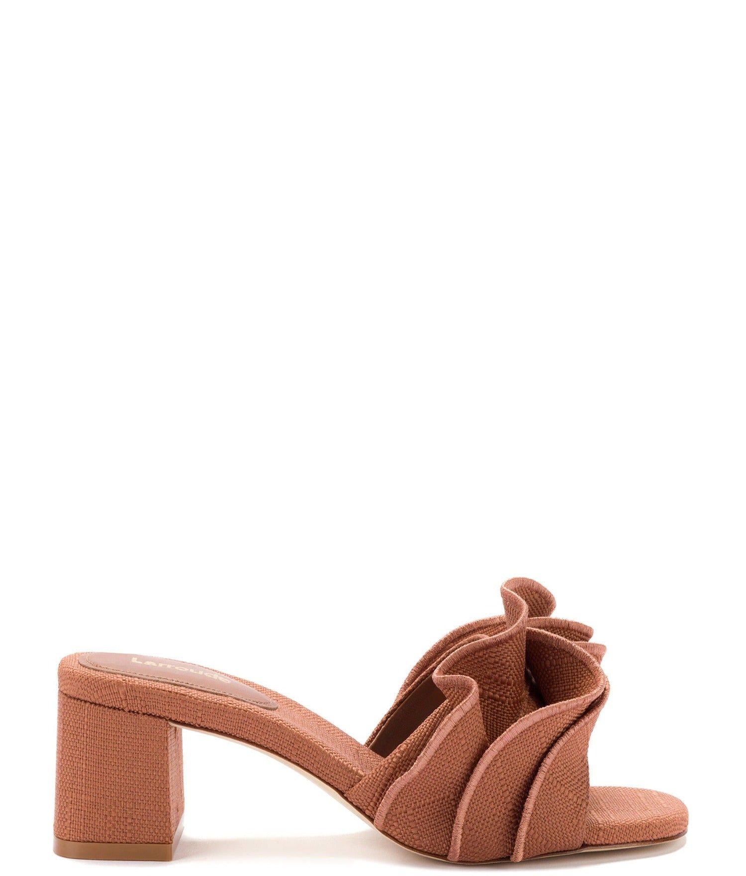 Brigitte Ruffle Mule In Caramel Raffia sold by Andie