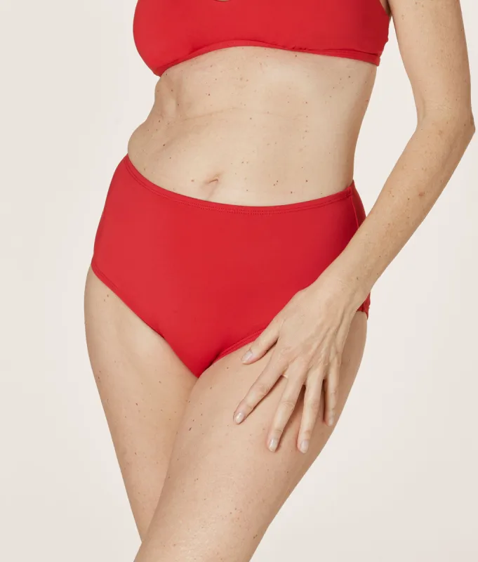 The High Waist Bikini Bottom - Eco Nylon - Cherry Red sold by Andie