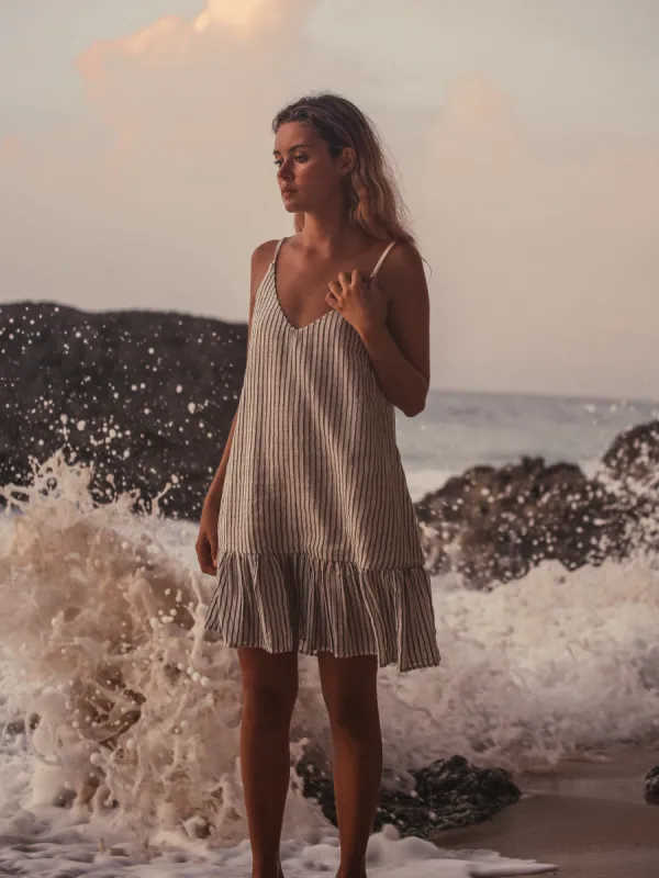 Liv Mini Ruffle Dress (Black Stripes) sold by Andie