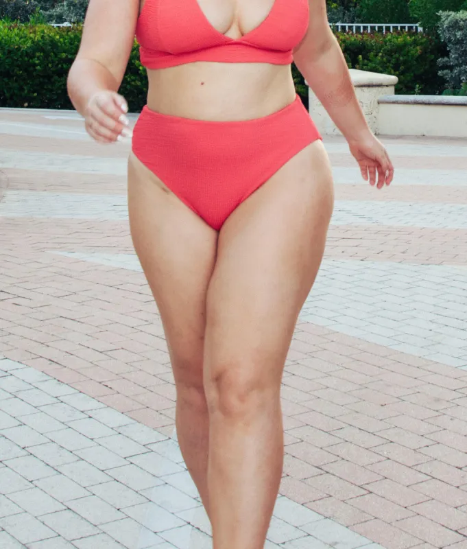 The 90s High Waist Bikini Bottom - Seersucker - Grapefruit sold by Andie