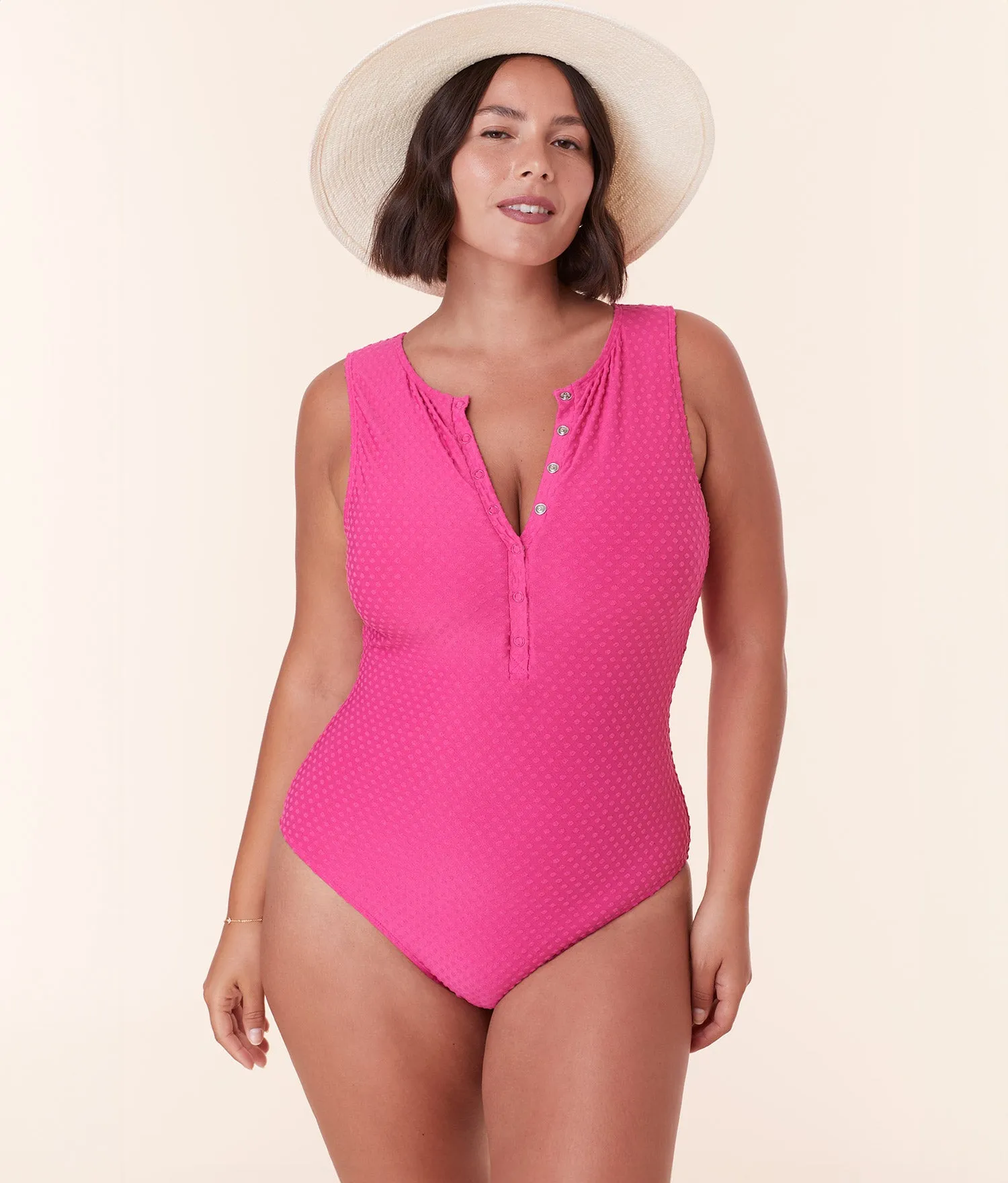 The Malibu One Piece - Terry Dot - Cerise - Long Torso sold by Andie