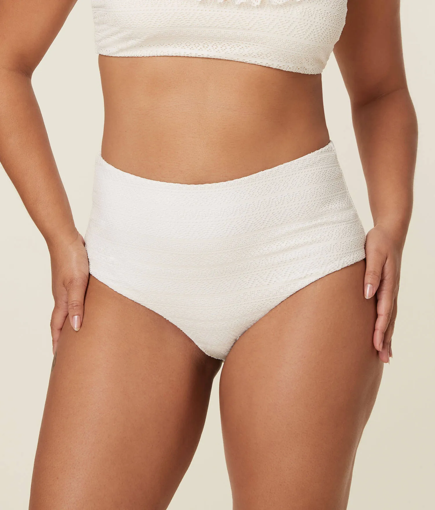 The High Waist Bikini Bottom - Crochet Lace - Vanilla sold by Andie