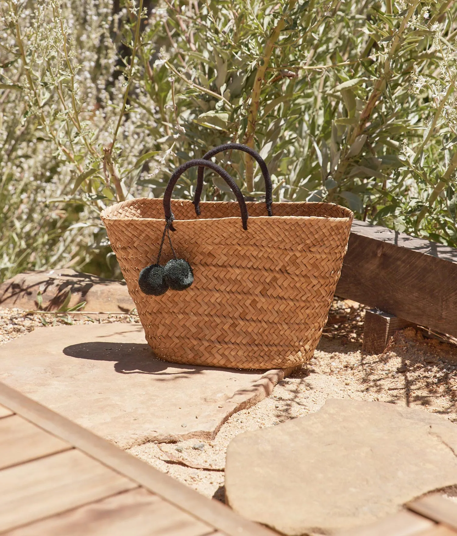 Oversized St Tropez Pom Pom Straw Tote (Black ) sold by Andie product image thumbnail 5