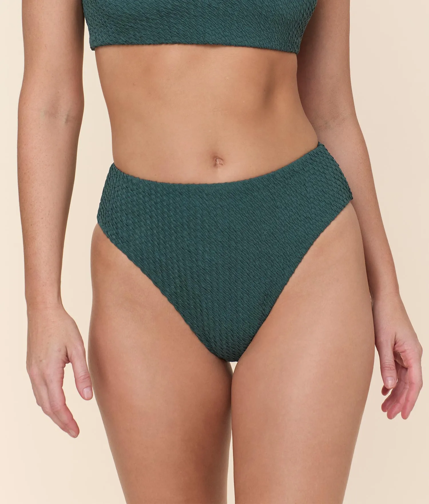 The 90s High Waist Bikini Bottom - Textured Weave - Seaweed sold by Andie