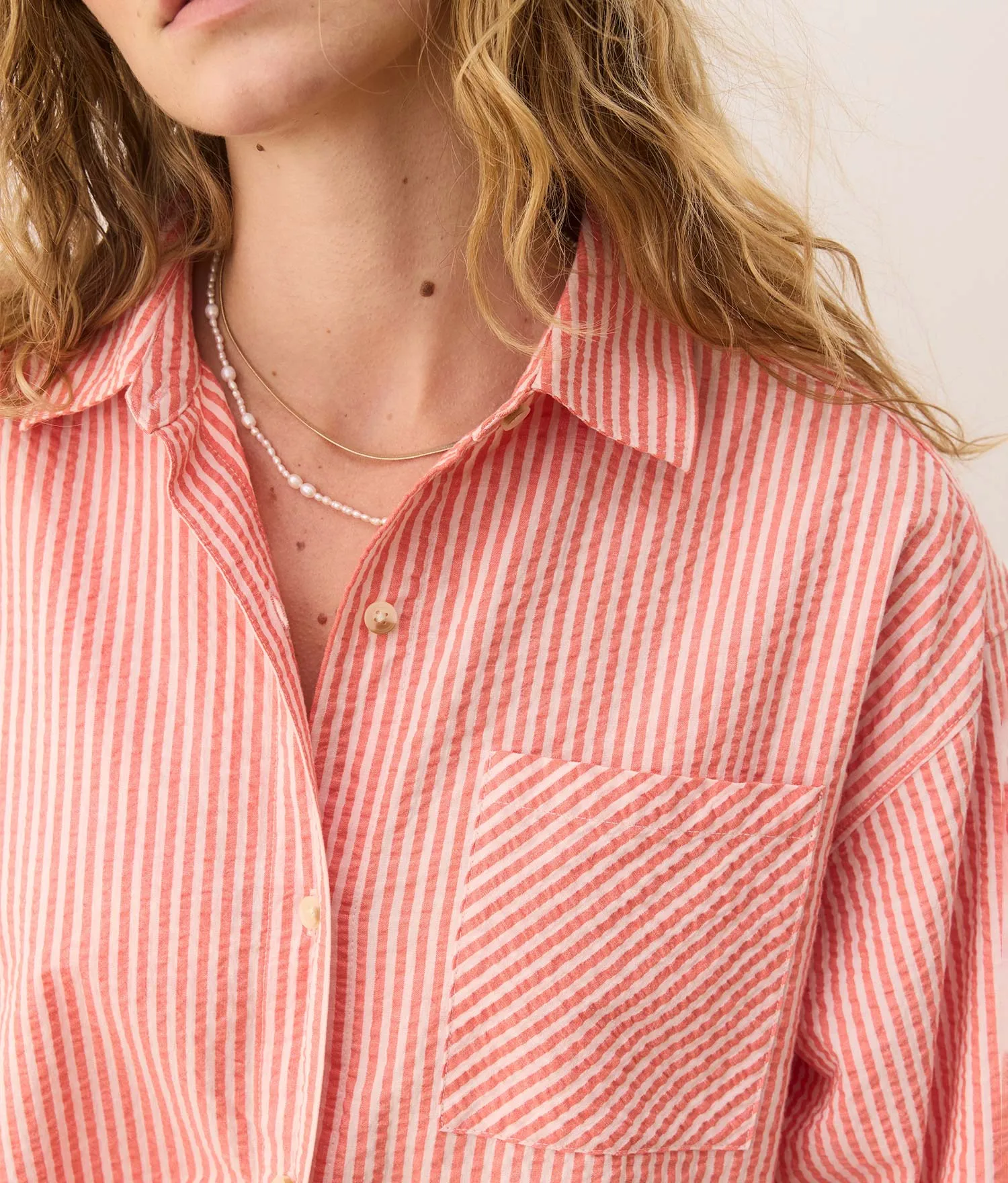 Gracey Oversized Seersucker Shirt (Hibiscus/Sand Stripe) sold by Andie product image thumbnail 3