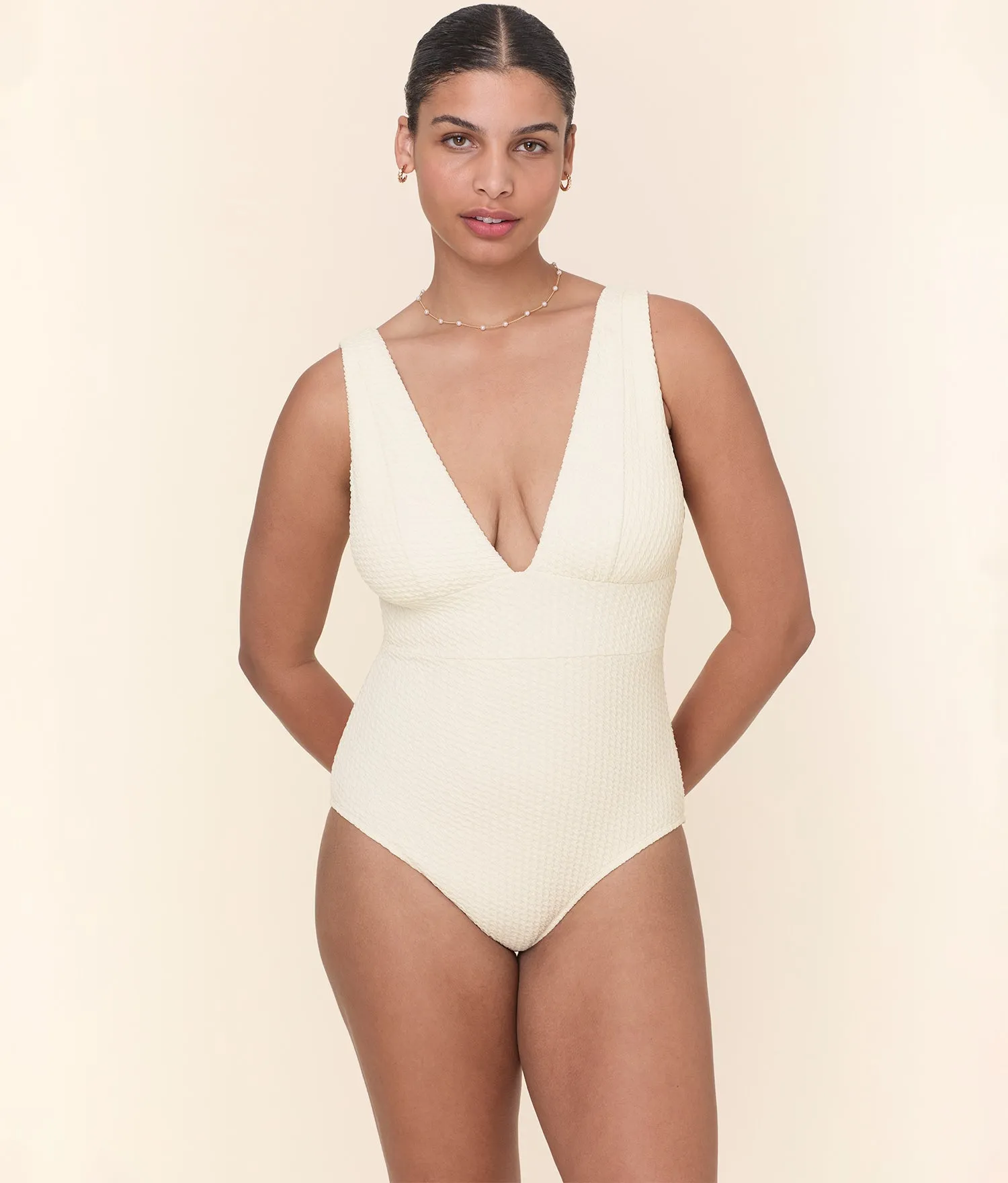 The Mykonos One Piece - Textured Weave - Gardenia - Long Torso sold by Andie