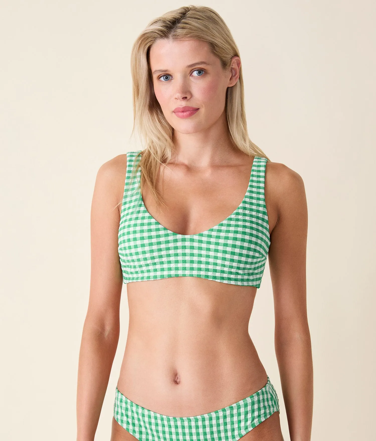 The Delray Bikini Top - Crinkle Gingham - Green Gingham sold by Andie