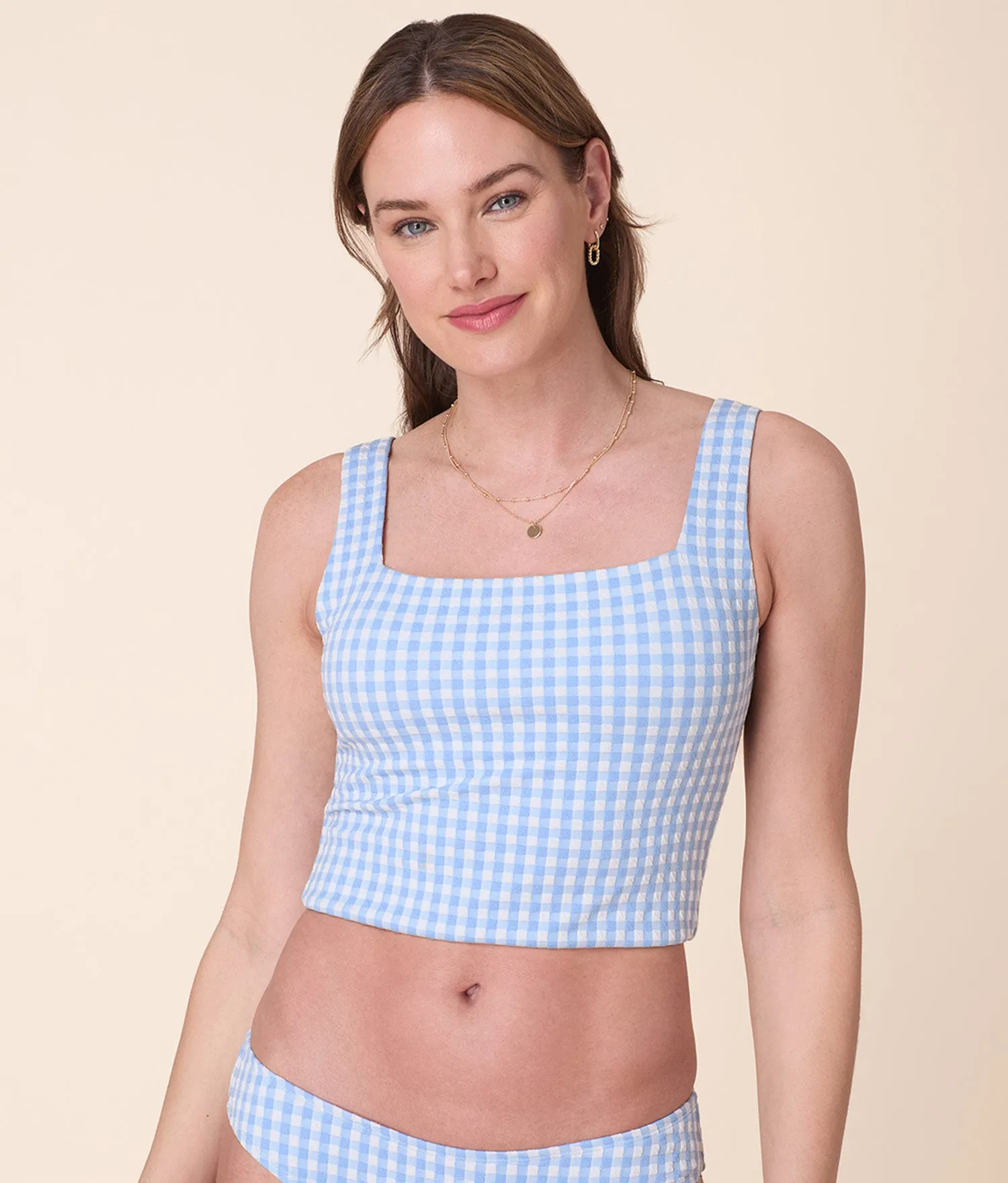 The Siren Swim Tank - Crinkle Gingham - Sky Gingham sold by Andie