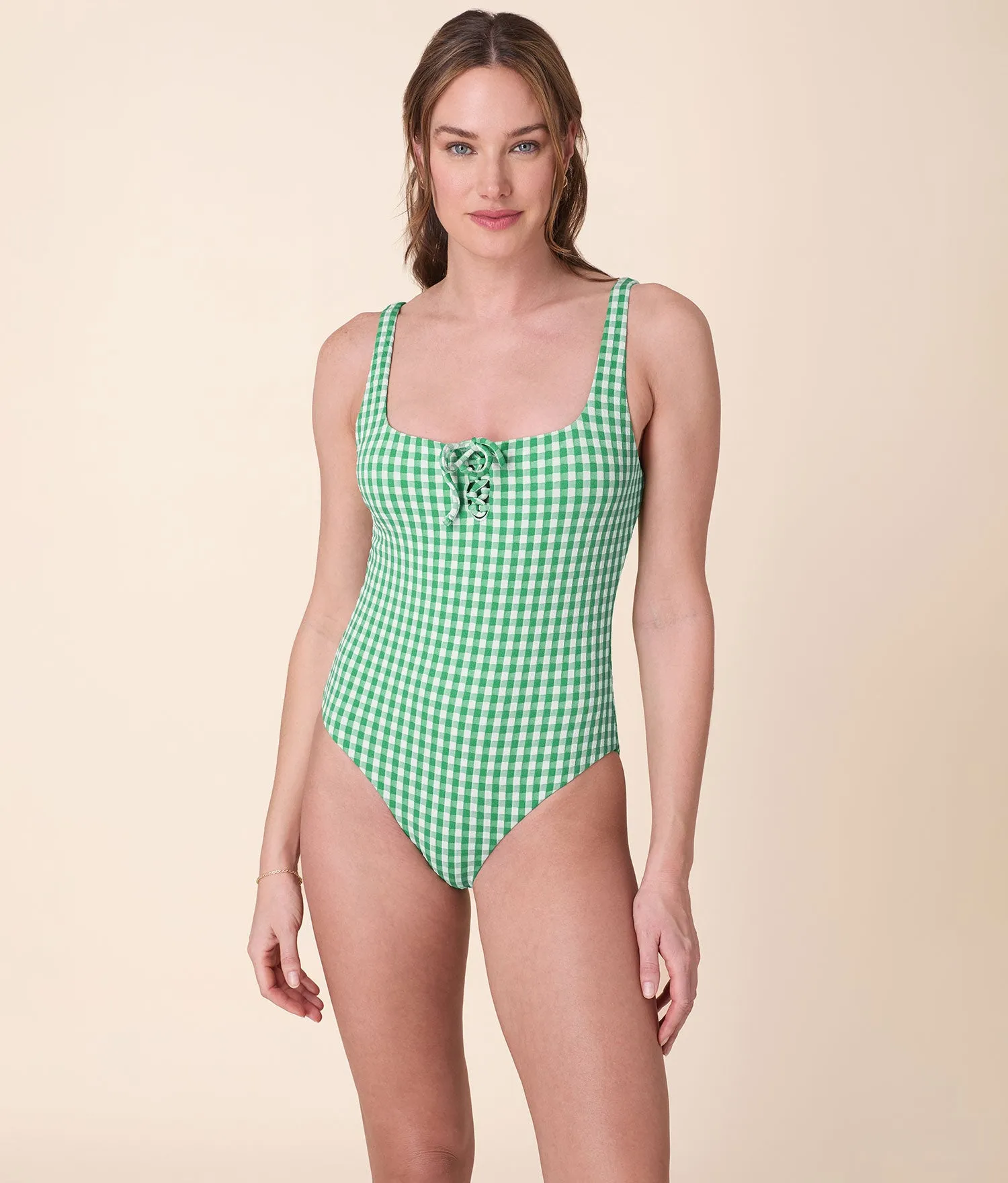The Macao One Piece - Crinkle Gingham - Green Gingham - Long Torso sold by Andie