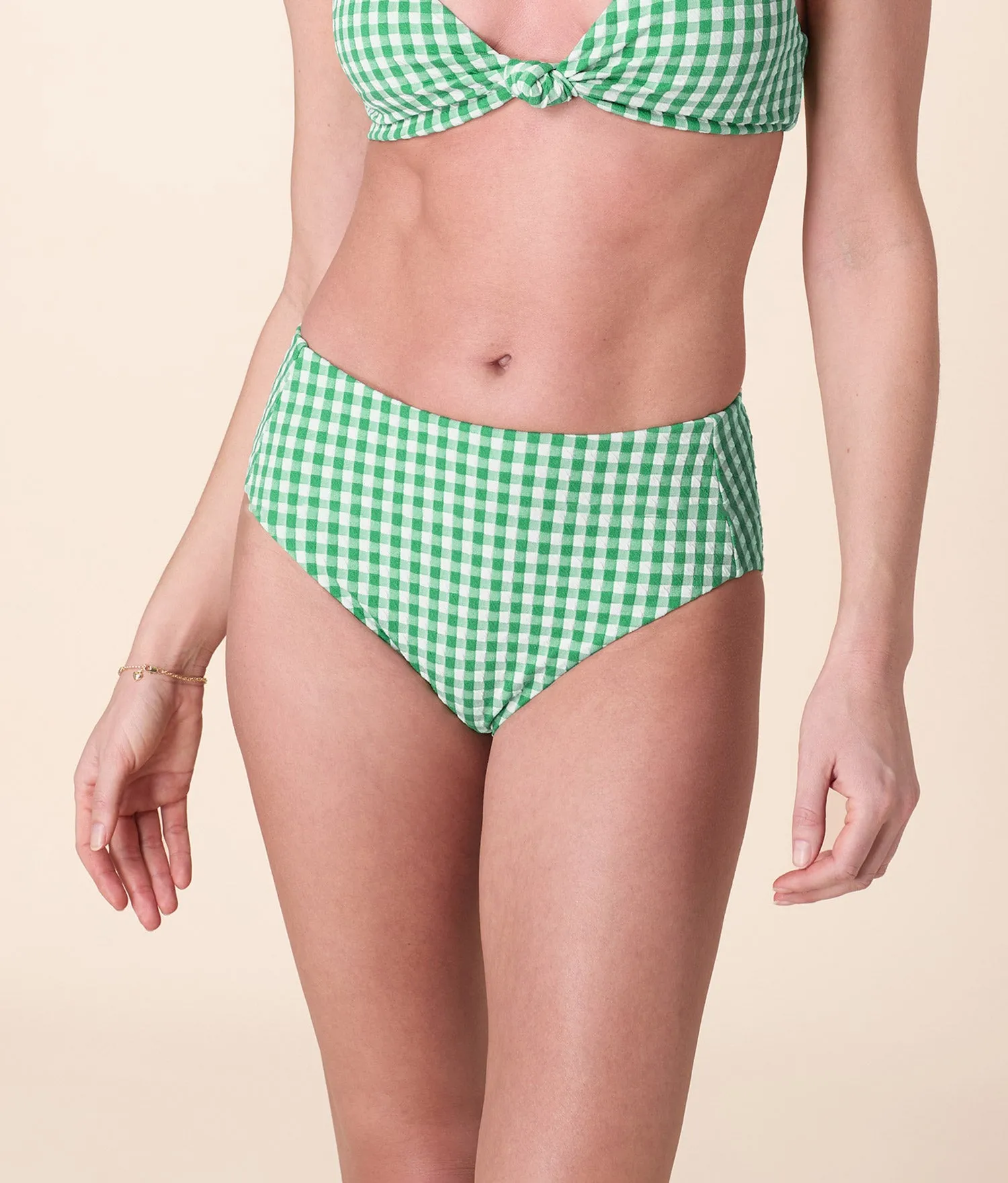 The High Rise Bikini Bottom - Crinkle Gingham - Green Gingham sold by Andie