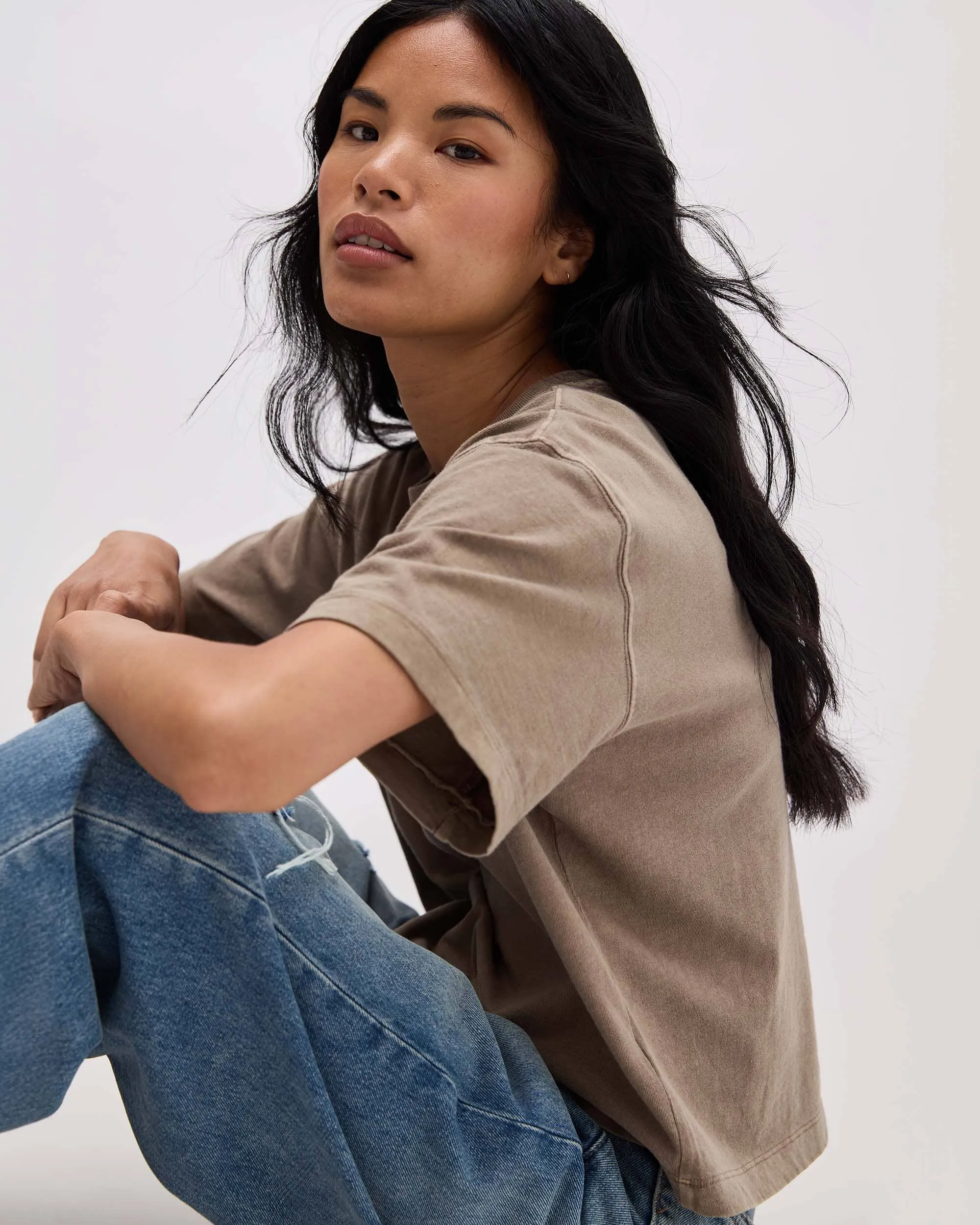 Womens Relaxed Crop Tee - Pigment Dye Jersey - Warm Grey sold by Andie