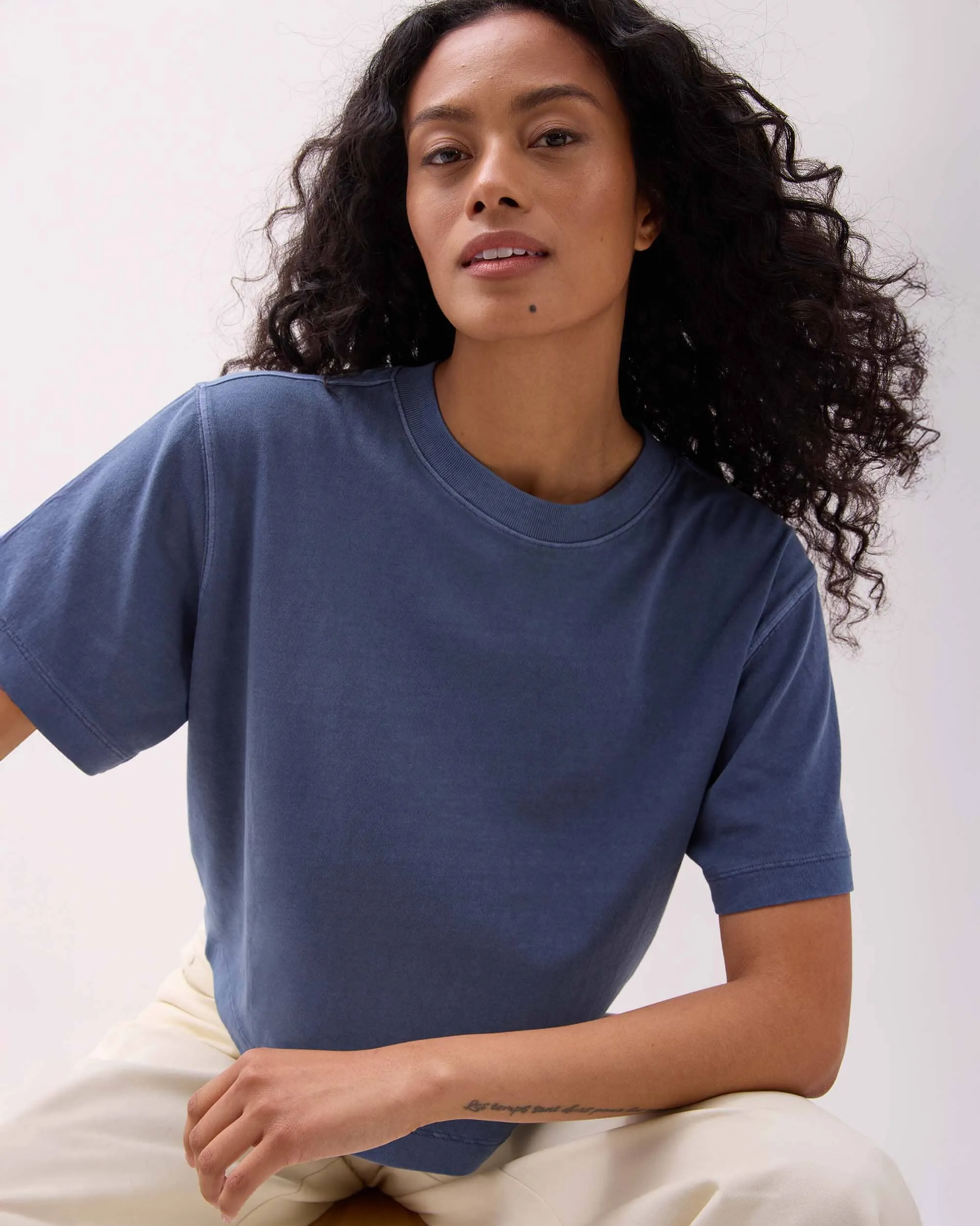Womens Relaxed Crop Tee - Pigment Dye Jersey - Vintage Indigo sold by Andie