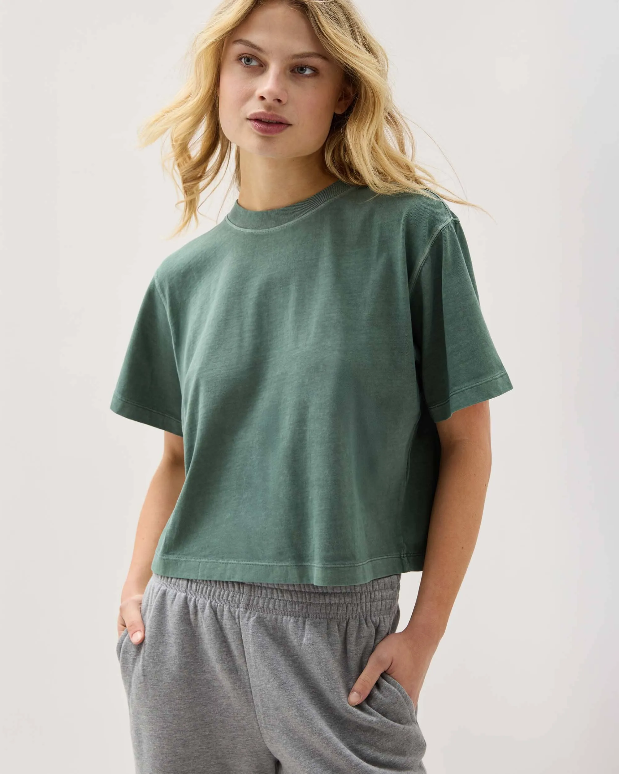 Womens Relaxed Crop Tee - Pigment Dye Jersey - Sage Leaf sold by Andie