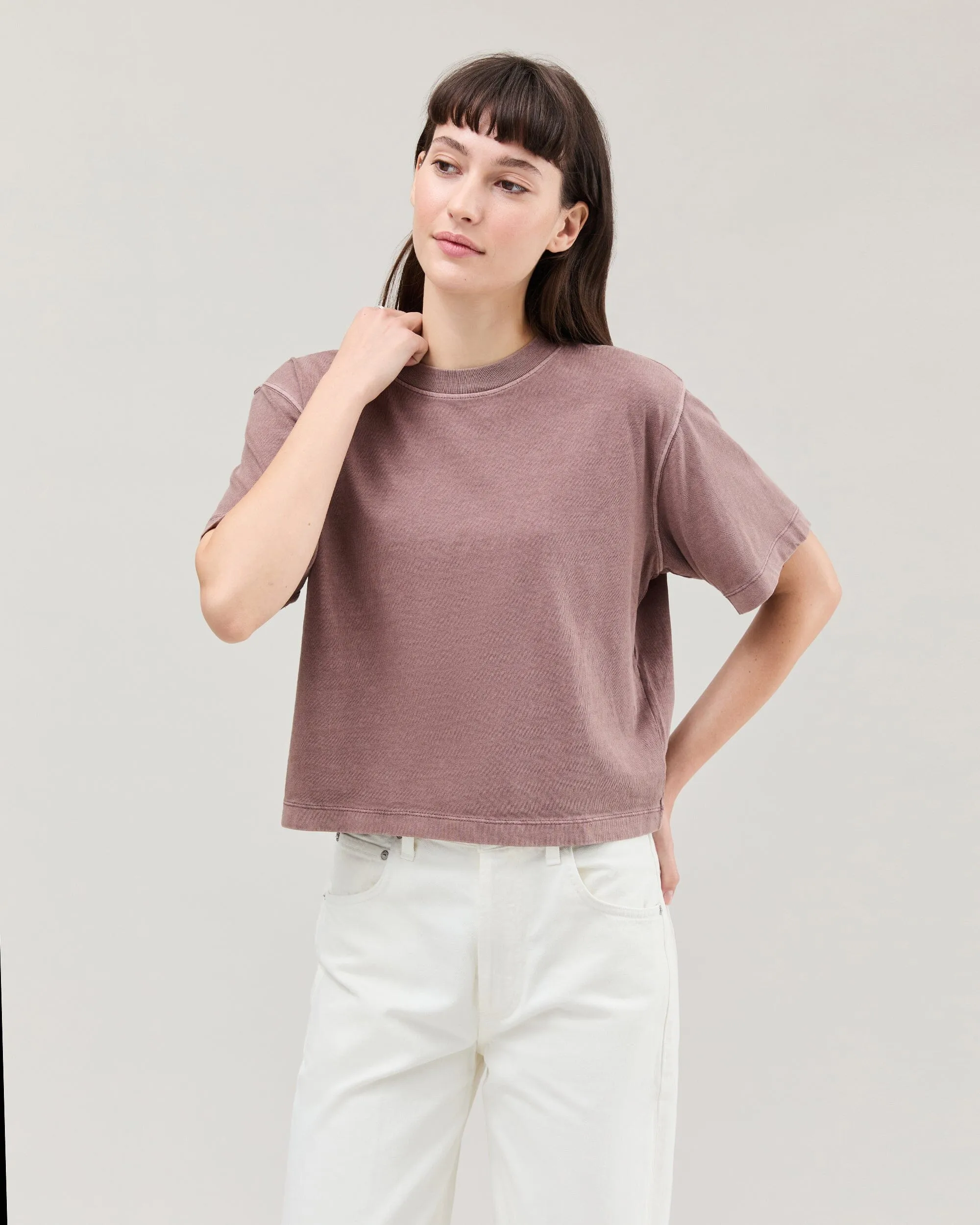 Womens Relaxed Crop Tee - Pigment Dye Jersey - Plum Smoke sold by Andie
