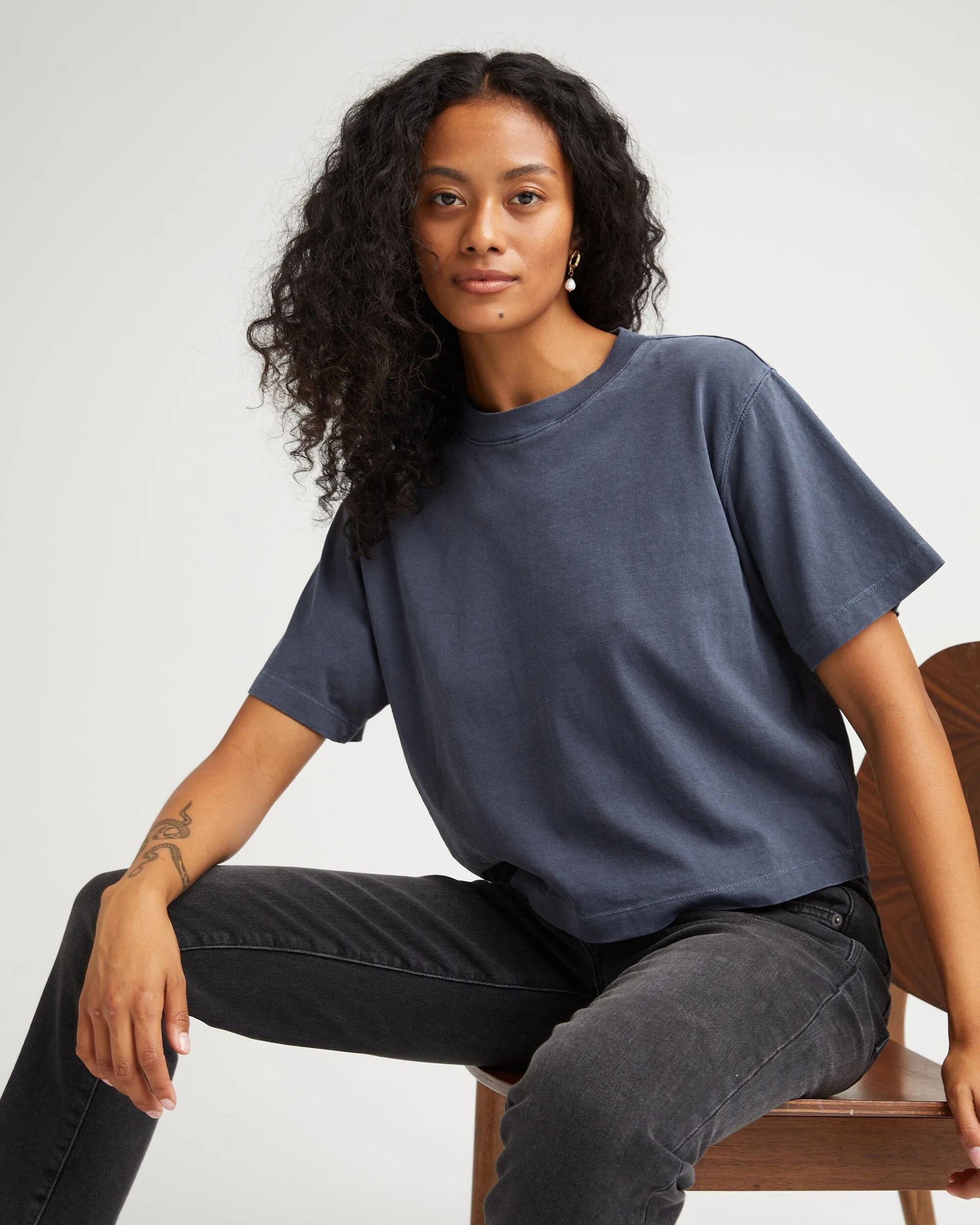 Womens Relaxed Crop Tee - Pigment Dye Jersey - Blue Steel sold by Andie