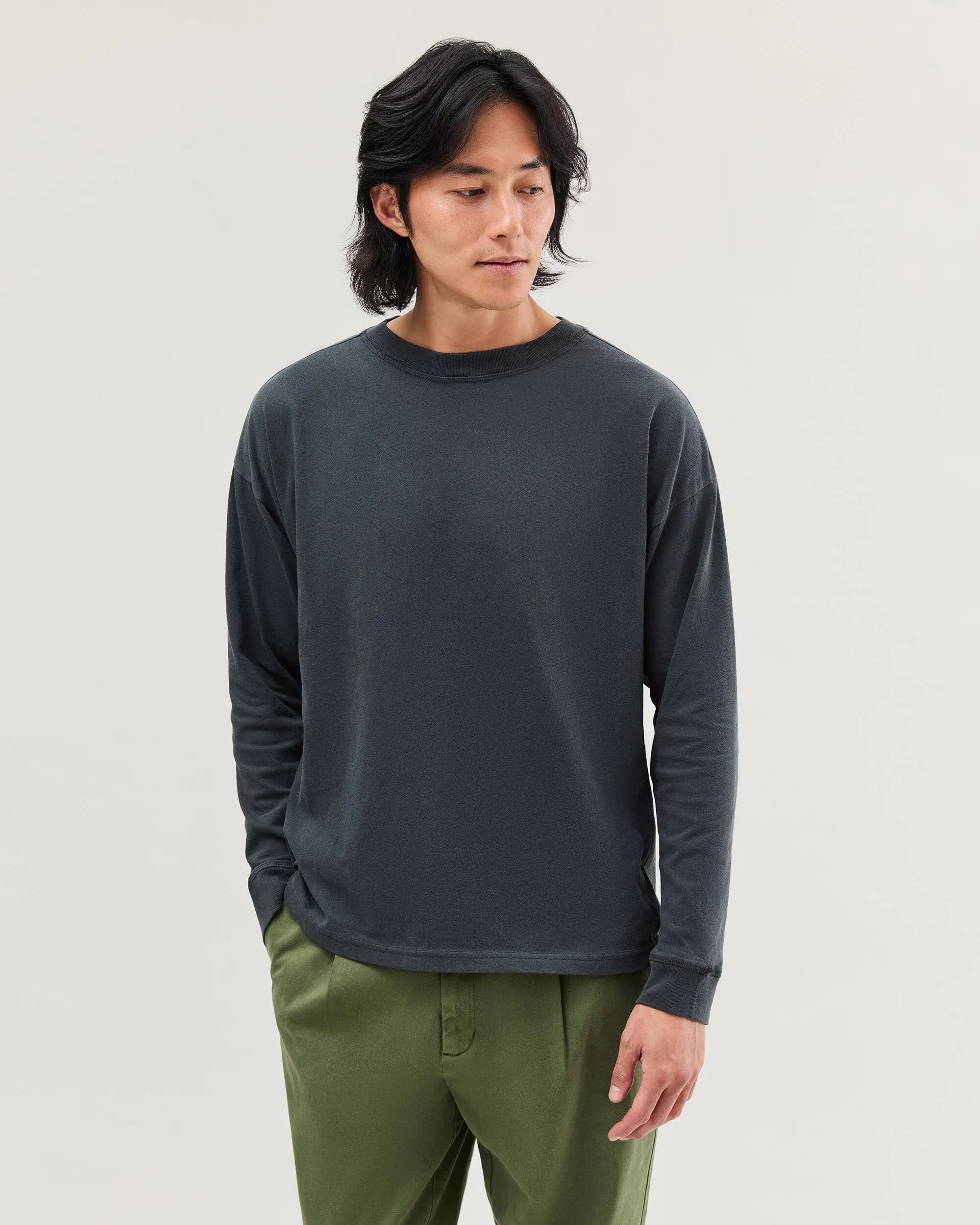 Mens Relaxed Long Sleeve Tee - Pigment Dye Jersey - Stretch Limo sold by Andie