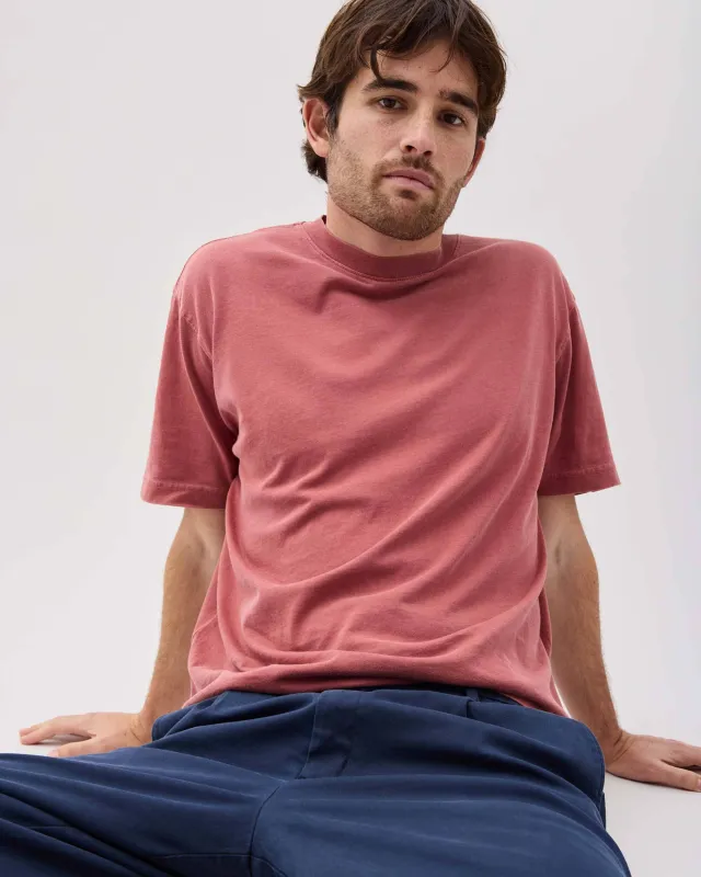 Mens Relaxed Short Sleeve Tee - Pigment Dye Jersey - Marsala sold by Andie