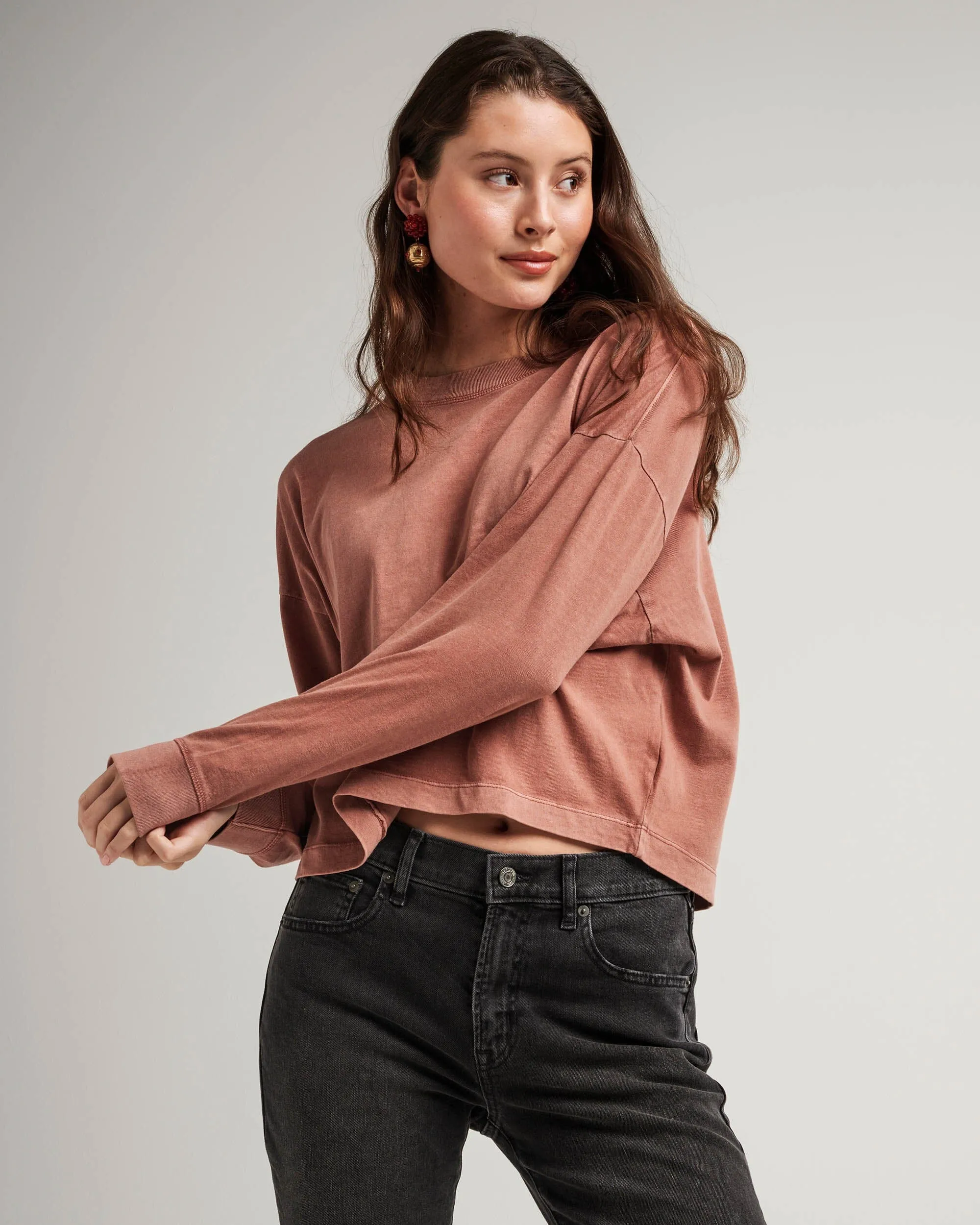 Womens Relaxed Crop Long Sleeve Tee - Pigment Dye Jersey - Russet sold by Andie