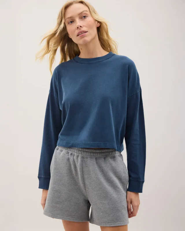 Womens Relaxed Crop Long Sleeve Tee - Pigment Dye Jersey - Moonlit Ocean sold by Andie