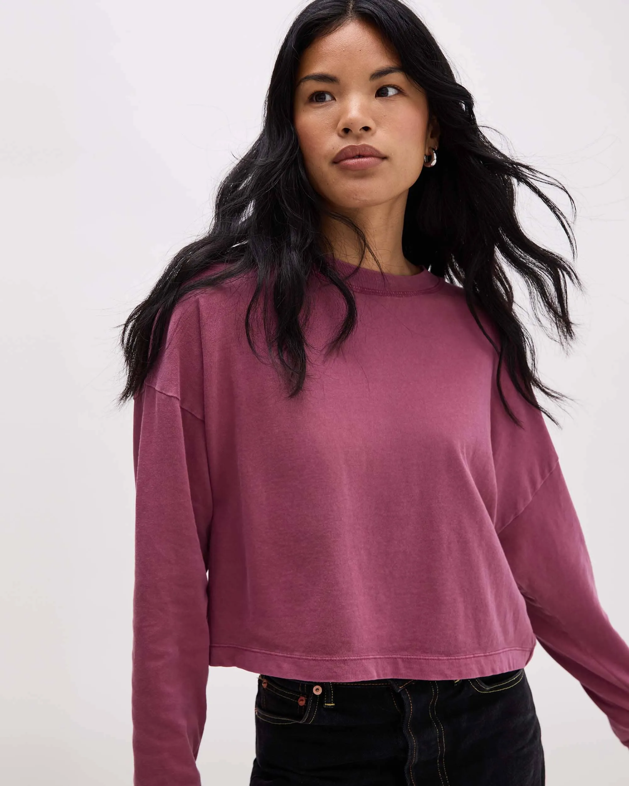 Womens Relaxed Crop Long Sleeve Tee - Pigment Dye Jersey - Burgundy sold by Andie product image thumbnail 2