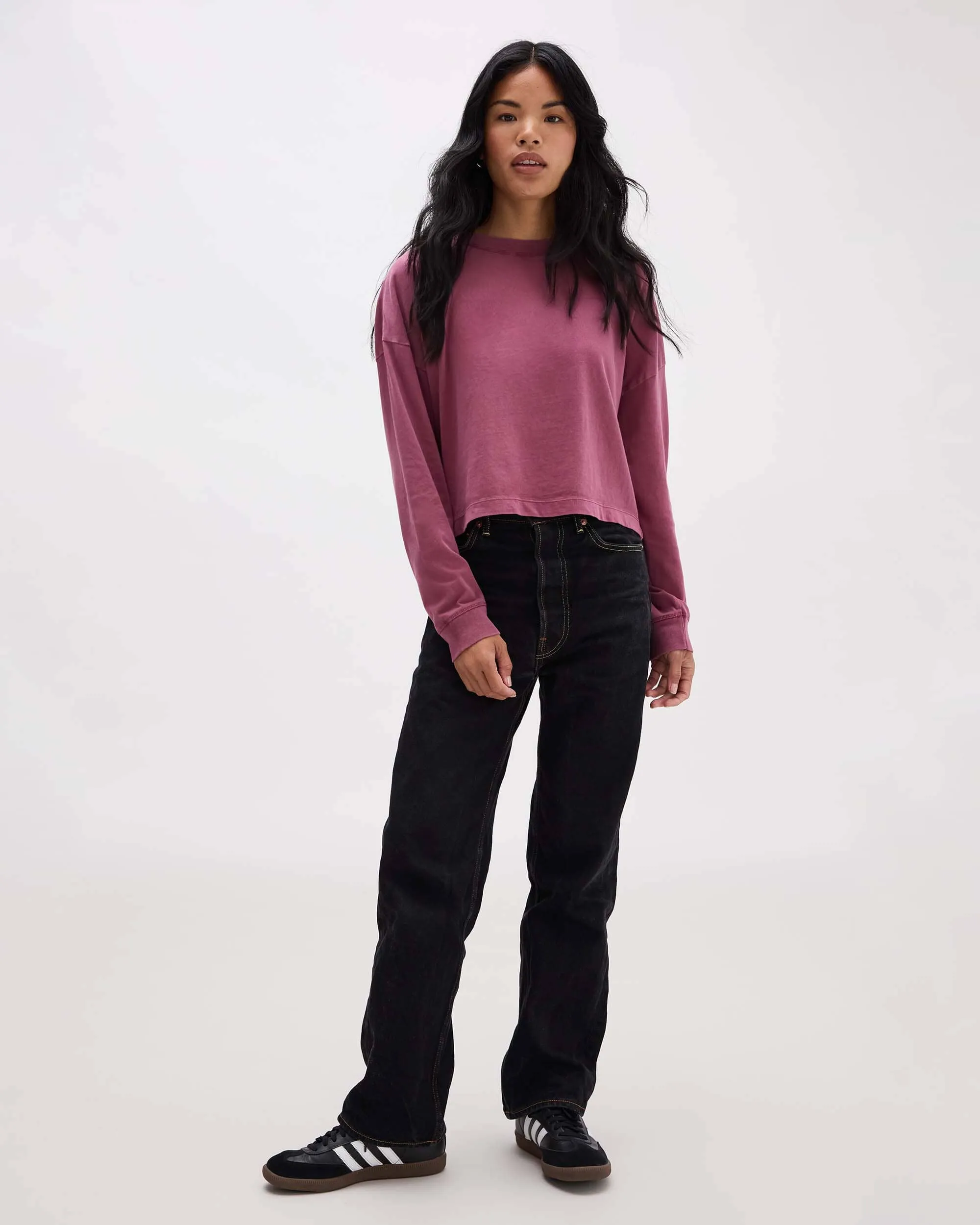 Womens Relaxed Crop Long Sleeve Tee - Pigment Dye Jersey - Burgundy sold by Andie product image thumbnail 4