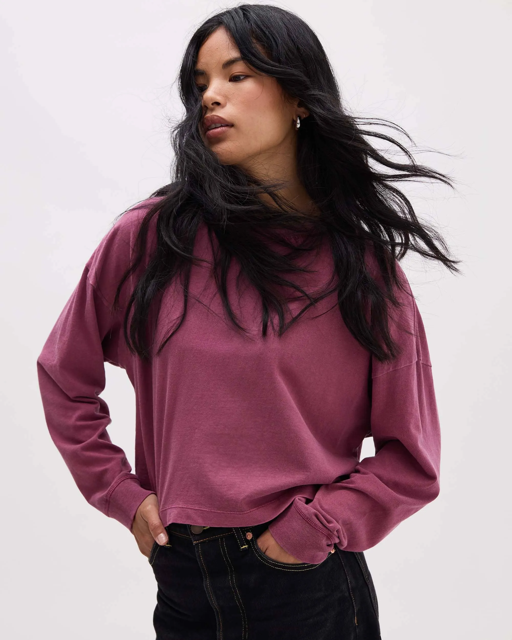 Womens Relaxed Crop Long Sleeve Tee - Pigment Dye Jersey - Burgundy sold by Andie
