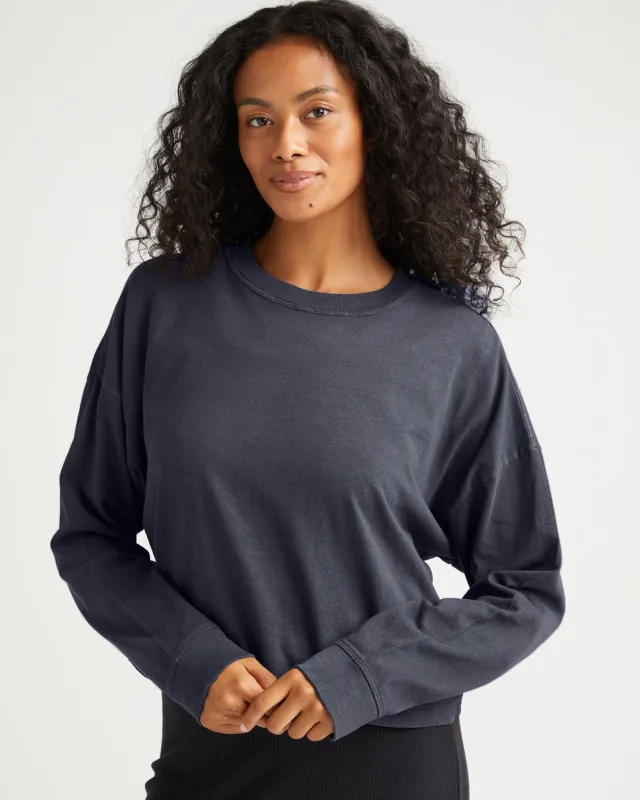 Womens Relaxed Crop Long Sleeve Tee - Pigment Dye Jersey - Blue Steel sold by Andie