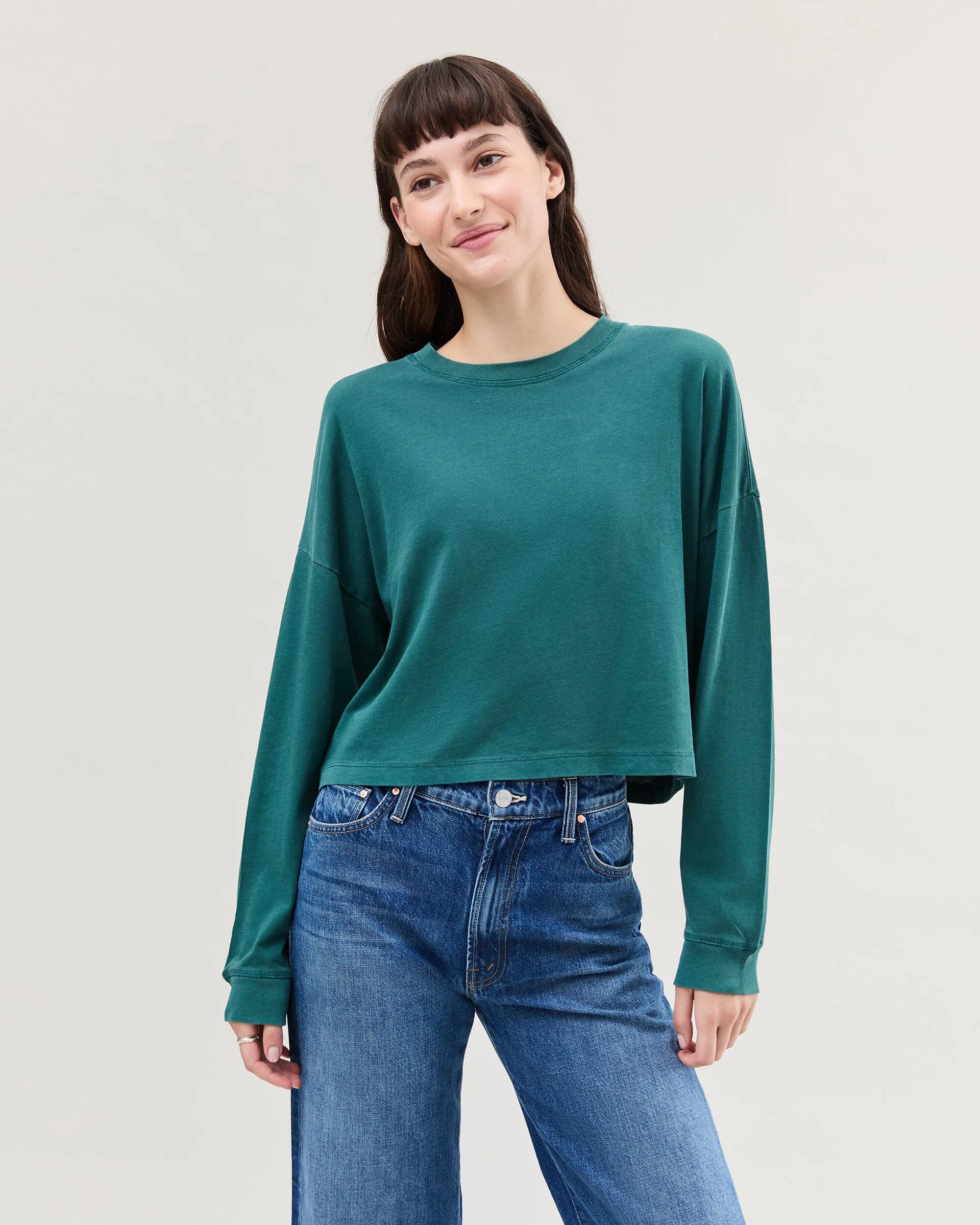 Womens Relaxed Crop Long Sleeve Tee - Pigment Dye Jersey - Rainforest sold by Andie