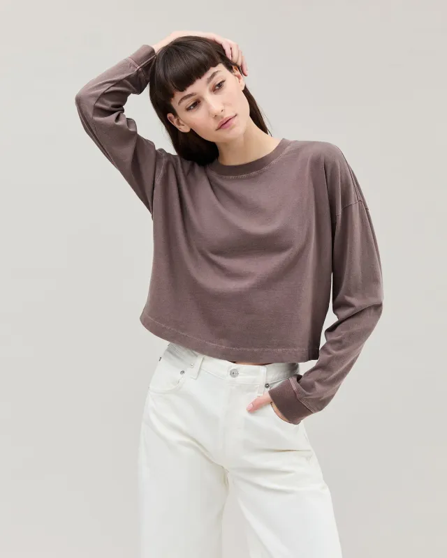 Womens Relaxed Crop Long Sleeve Tee - Pigment Dye Jersey - Mole sold by Andie
