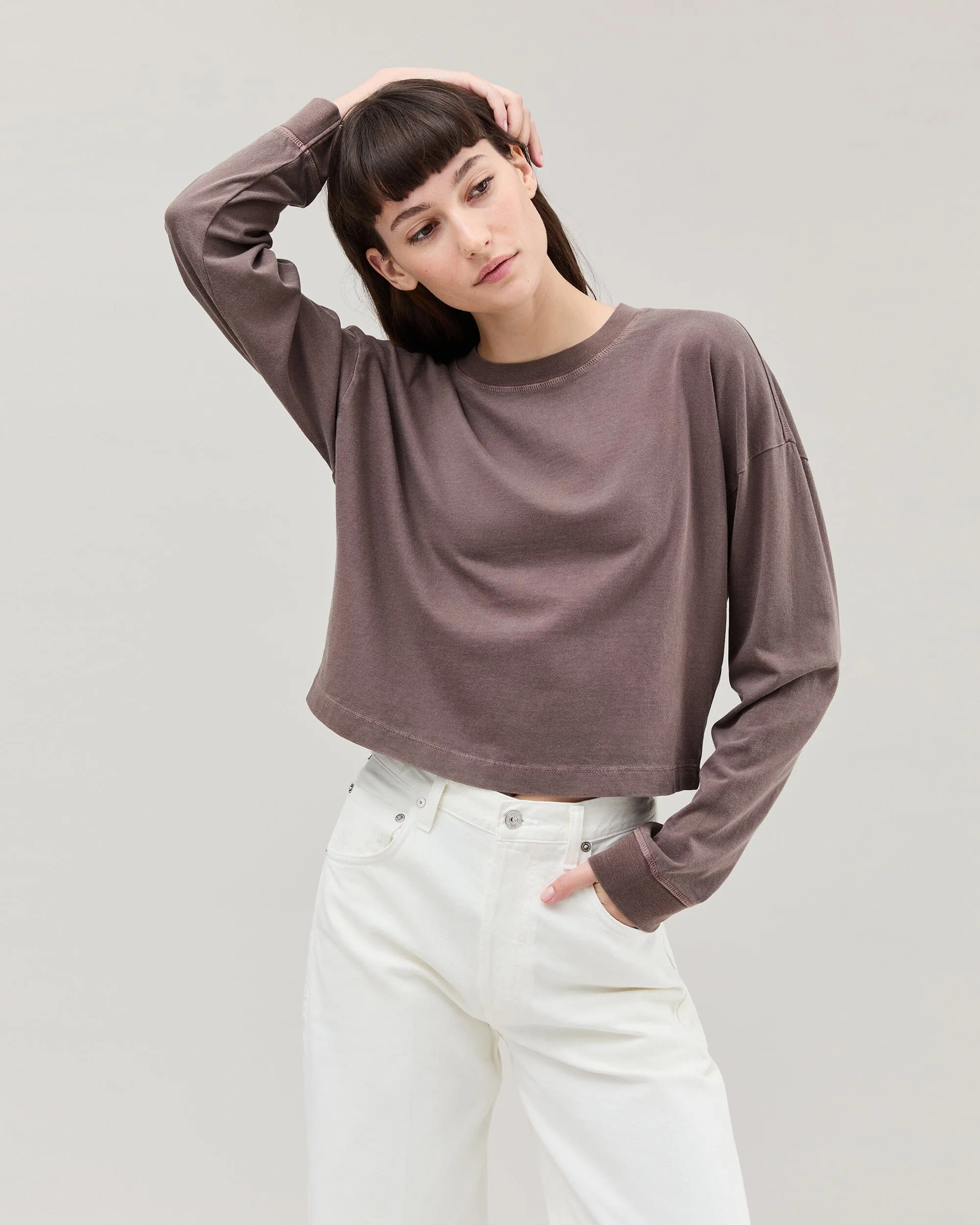 Womens Relaxed Crop Long Sleeve Tee - Pigment Dye Jersey - Mole sold by Andie