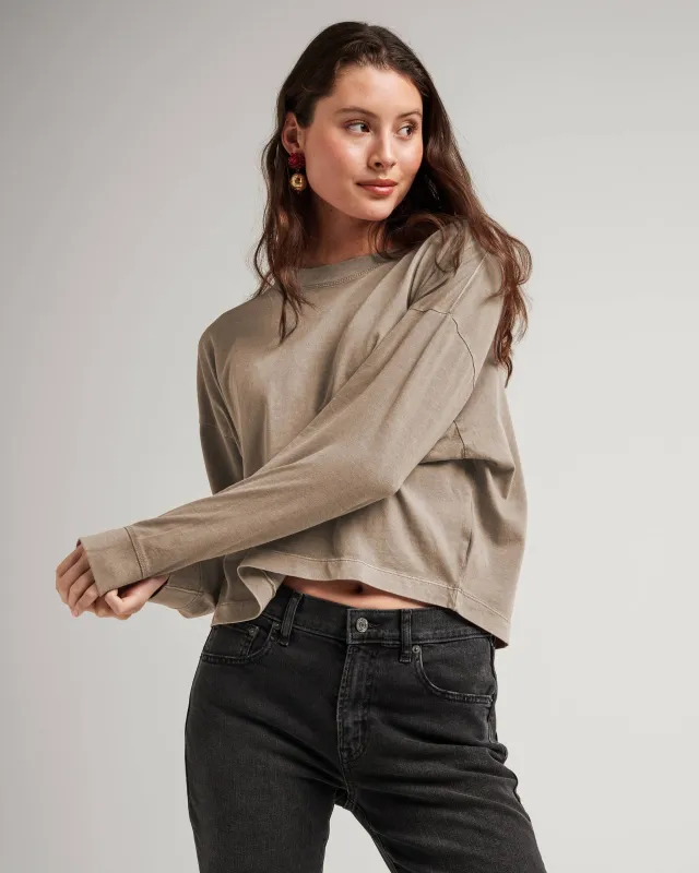 Womens Relaxed Crop Long Sleeve Tee - Pigment Dye Jersey - Warm Grey sold by Andie