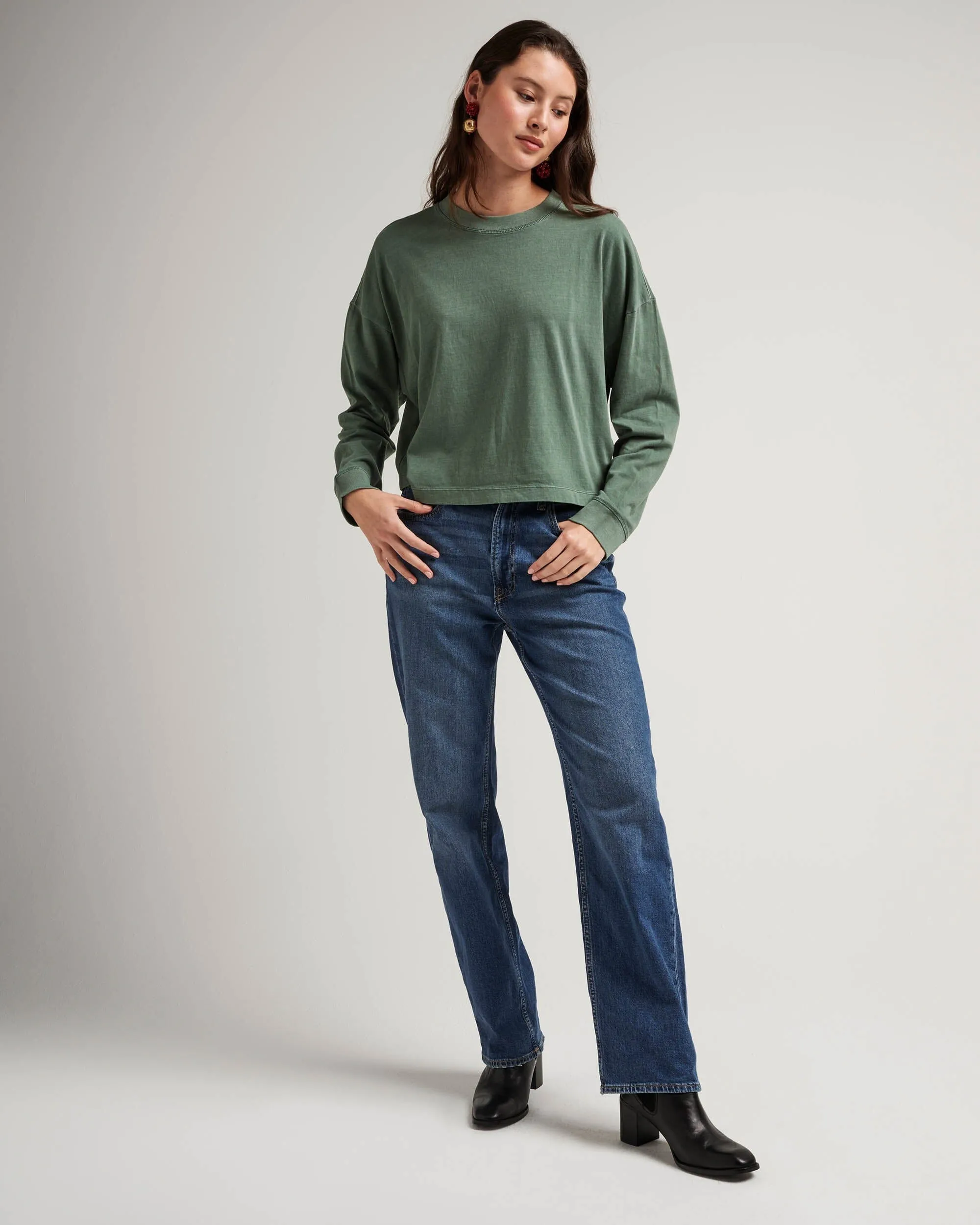 Womens Relaxed Crop Long Sleeve Tee - Pigment Dye Jersey - Sage Leaf sold by Andie product image thumbnail 2