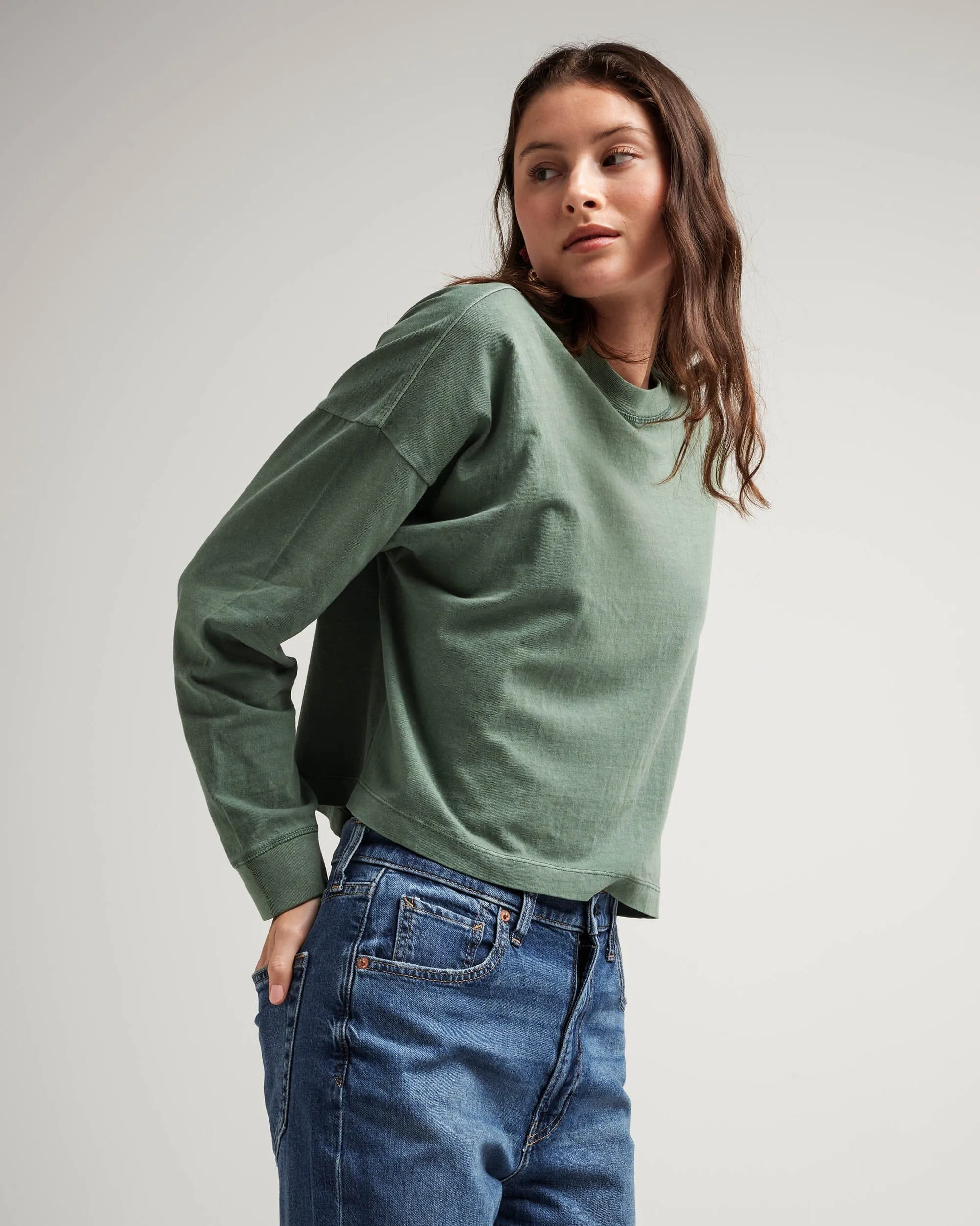 Womens Relaxed Crop Long Sleeve Tee - Pigment Dye Jersey - Sage Leaf sold by Andie