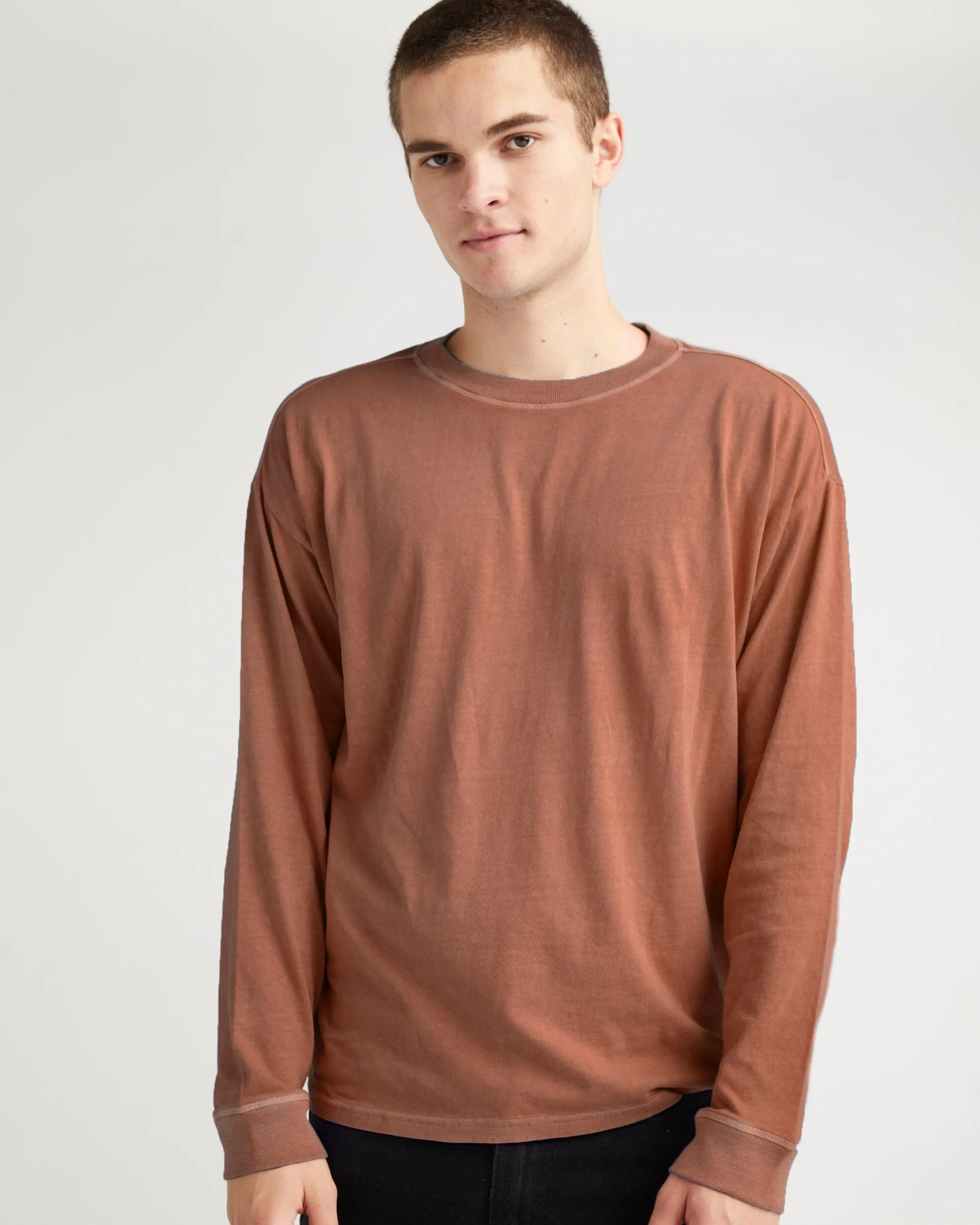 Mens Relaxed Long Sleeve Tee - Pigment Dye Jersey - Latte sold by Andie