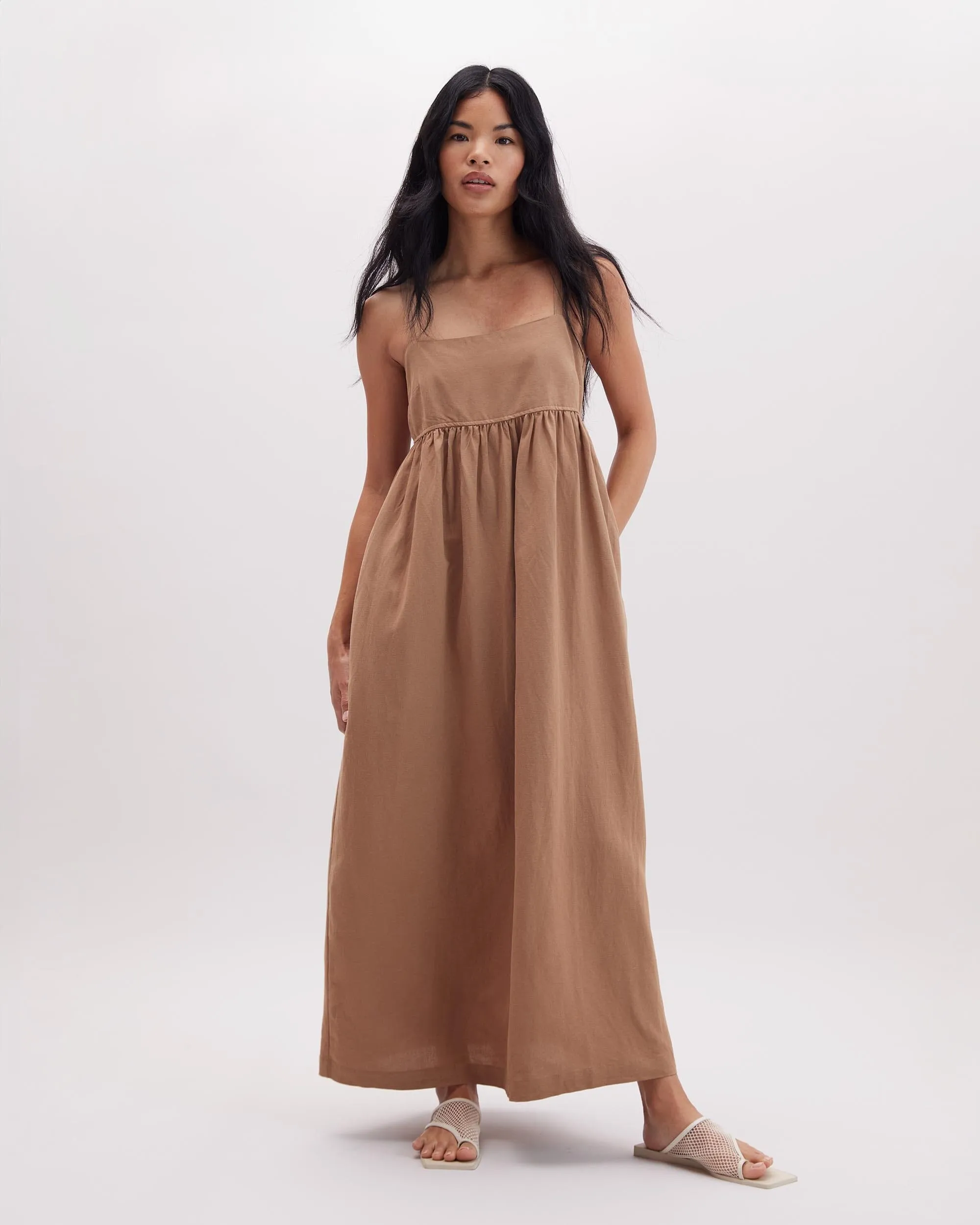 Womens Linen Maxi Dress - Rayon Linen Woven - Cafe Au Lait sold by Andie