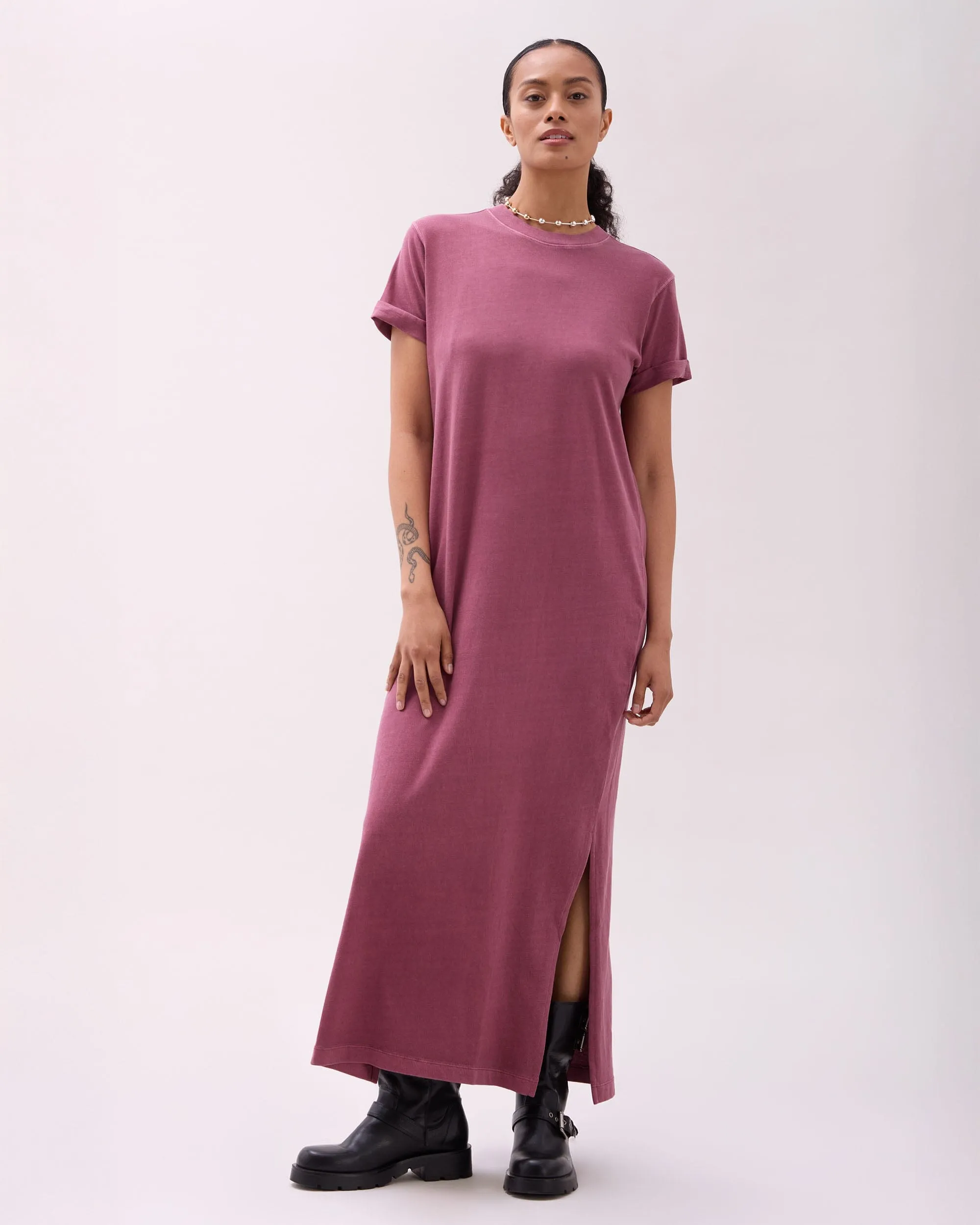 Womens Relaxed Tee Dress - Pigment Dye Jersey - Burgundy sold by Andie